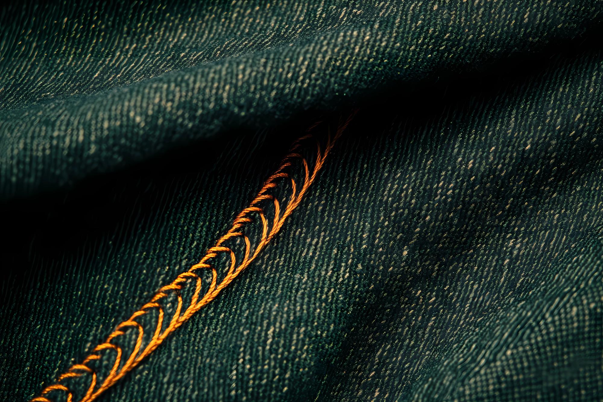Detail handgestickter Goldfäden auf dunkelgrünem Stoff
